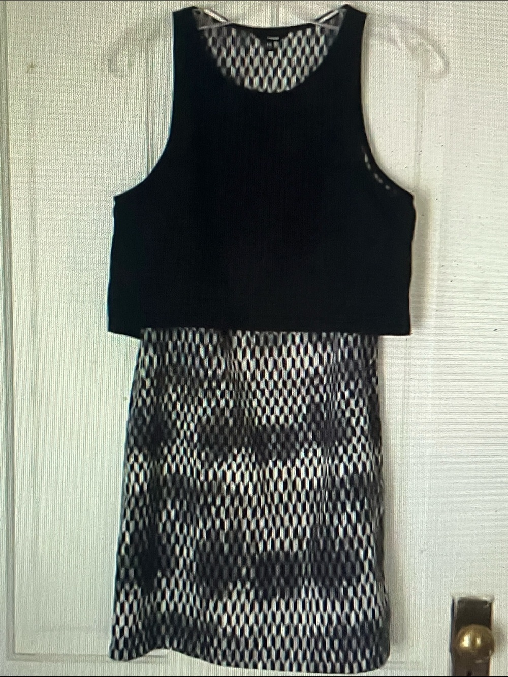 Hurley Black & White Sleeveless Midi Dress with Geometric Skirt